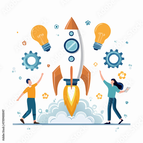 Illustration of two people launching a rocket with lightbulbs and gears on a white background with a creative and innovative mood.