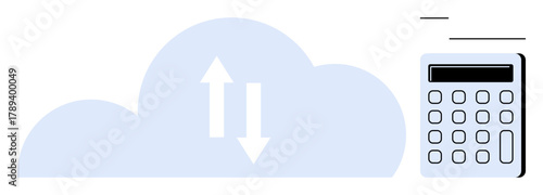 Cloud with up and down arrows representing data transfer alongside a calculator. Ideal for technology, data saving, connectivity, digital storage, cloud computing, calculations, efficiency concepts