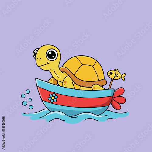 Cute yellow cartoon turtle sailing a colorful boat with a fish flag on waves, purple background.