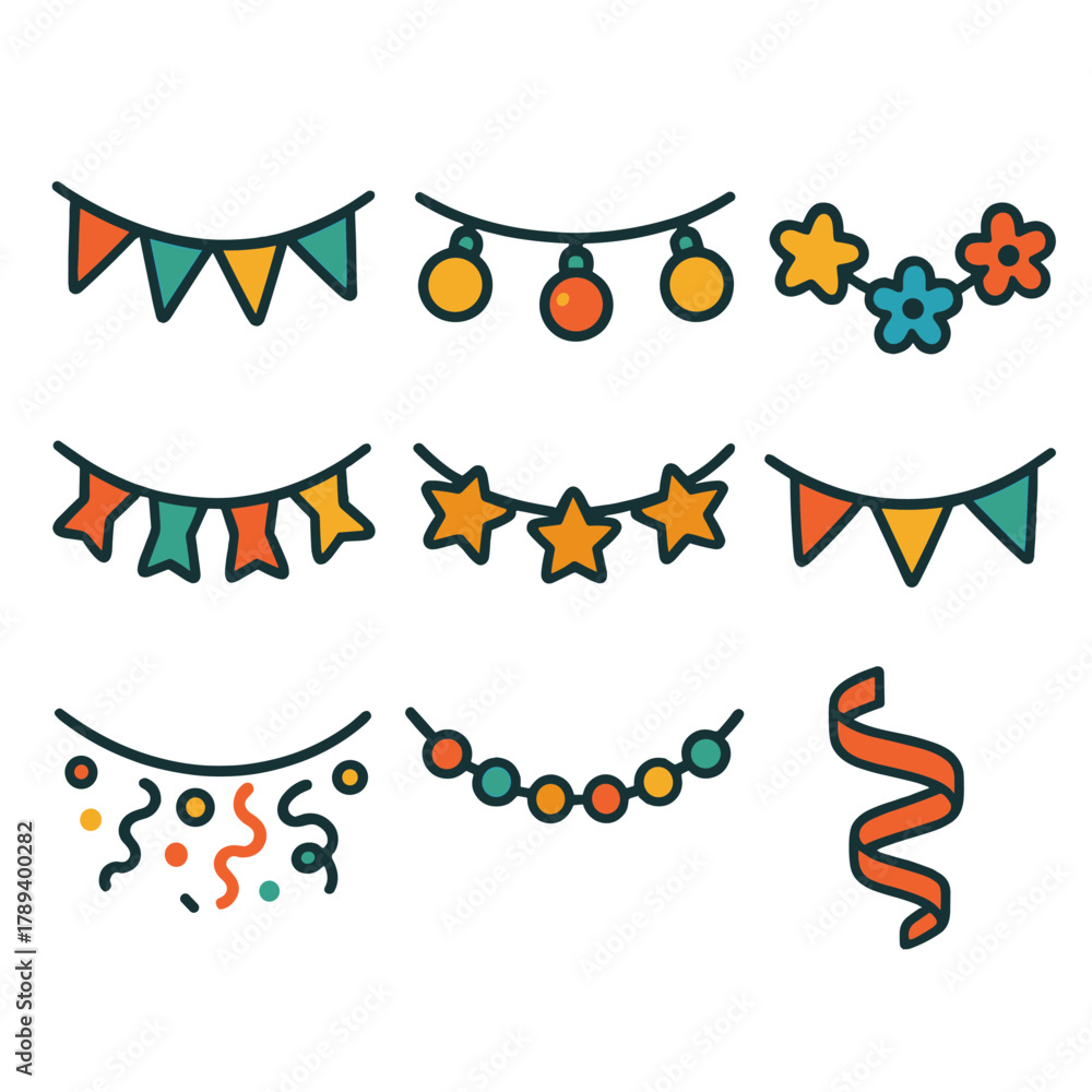 Naklejka premium Colorful Party Garland Icons. Party Garlands Pack flat icons: bunting string, glowing lights, star garland, flower loop, confetti string, bead strand, ribbon swirl, triangle flags