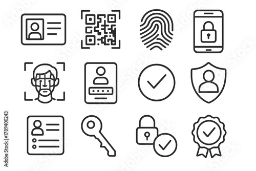 Secure Identity Verification. Identity Check linear icon set: photo ID, QR code scan, fingerprint icon, secure mobile app, facial grid, login screen, approval mark, shield symbol,