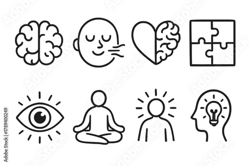 Mental Fitness Icons. Mental Fitness outline icons: brain outline, calm expression, breathing lines, heart-mind icon, puzzle symbol, focus eye, meditating figure, inner light.