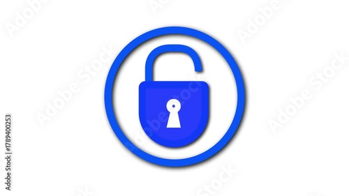 Futuristic blue open padlock, circular outline, white background, cybersecurity and safety motion graphics. Blue Open Padlock Icon with Circular Outline on White Background .