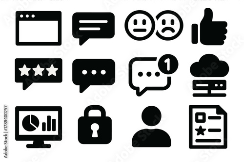 Bold Feedback Icons. App Feedback silhouette icon set: app window, chat bubble, emoji icons, thumbs up, star rating, comment box, notification badge, cloud server, dashboard panel,