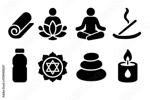 Brutalist Yoga Icons. Yoga Sessions silhouette icon set: yoga mat, lotus pose, meditation icon, incense stick, water bottle, chakra symbol, balance stone, wellness candle.