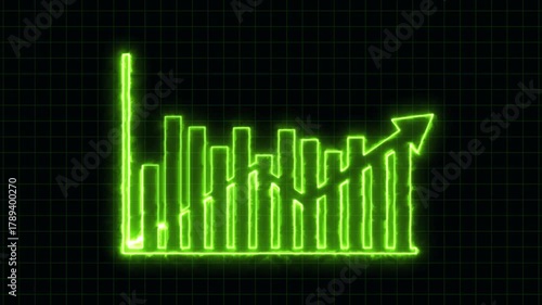 Glowing Green Neon Bar Graph with an Upward Arrow on a Dark Grid animation Background chart statistics, Futuristic motion graphic of glowing green bar chart with upward arrow on black grid, perfect