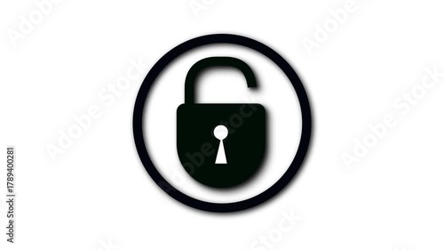 Black Open Padlock Icon with Circular Outline on White Background . Futuristic black open padlock, circular border, white background, cybersecurity and safety motion graphics.