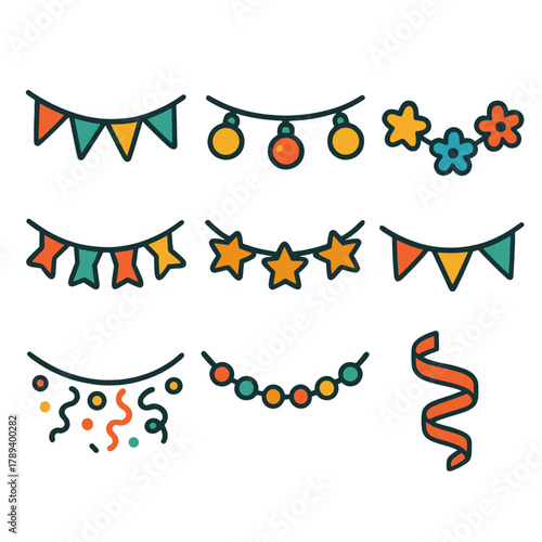 Colorful Party Garland Icons. Party Garlands Pack flat icons: bunting string, glowing lights, star garland, flower loop, confetti string, bead strand, ribbon swirl, triangle flags