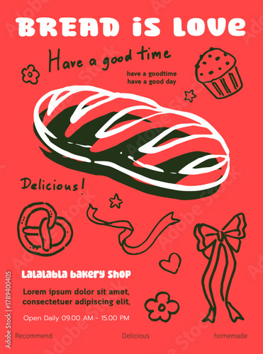 Hand draw bakery and dessert doodles in poster. Vector illustration of bread, cupcake and pretzel icons in naive art style , crayon drawing. Naive poster design.