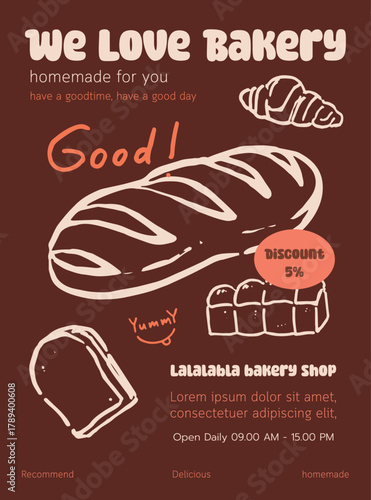 Hand draw bakery and dessert doodles in poster. Vector illustration of bread and croissant icons in naive art style , crayon drawing. Naive poster design.