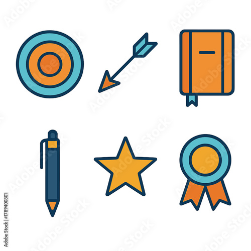 Target Icons Collection. Focus & Clarity flat icons: Target, Arrow, Notebook, Pen, Star, Ribbon.