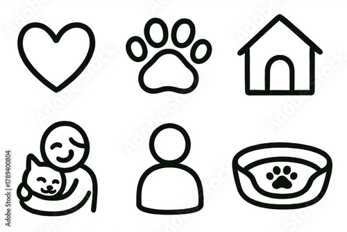 Doodle Pet Icons. Loving Companions outline icons: heart, paw, cuddle icon, home, person, pet bed.