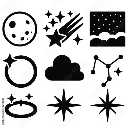 Brutalist Starry Night Icons. Starry Night Icons silhouette icon set: full moon, star cluster, comet streak, glowing sky, constellation lines, sparkle ring, cloud silhouette,