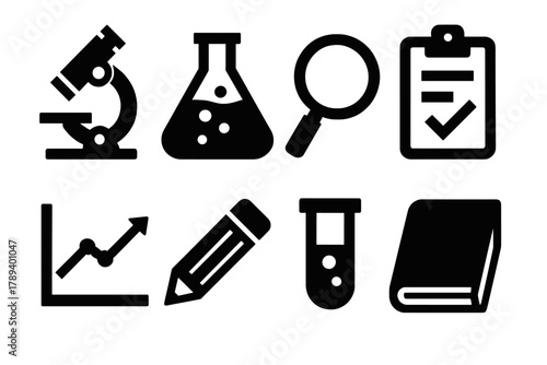 Brutalist Science Icons. Scientific Observation Icons silhouette icon set: microscope, beaker, magnifier, clipboard, graph, pencil, test tube, book.