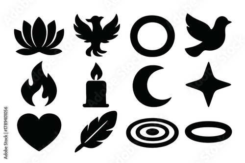 Spiritual Icon Set. Spiritual Rebirth silhouette icon set: lotus flower, phoenix, aura ring, dove, flame, candle, moon, star, heart, feather, water ripple, halo. , .