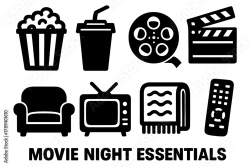 Movie Night Essentials. Movie Night Essentials silhouette icon set: popcorn, soda cup, film reel, clapperboard, couch, TV, blanket, remote.
