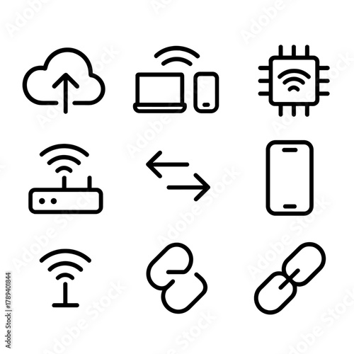 Wireless Connection Icons. Seamless Connection linear icon set: data cloud, Bluetooth logo, paired devices, wireless chip, router signal, transfer arrows, mobile icon, link node.