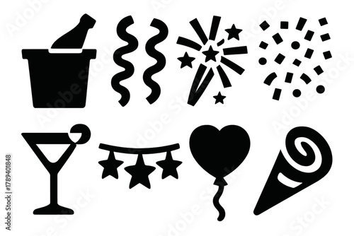 Bold Festive Icons. Festive Party Symbols silhouette icon set: champagne bucket, streamer curls, fireworks burst, confetti rain, cocktail glass, star garland, balloon heart,