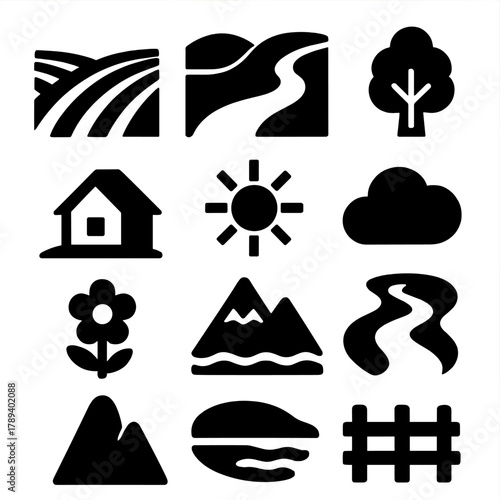 Rural Landscape Icons. Rural Landscapes silhouette icon set: field, hill, river, tree, house, sun, cloud, path, flower, mountain, lake, fence.