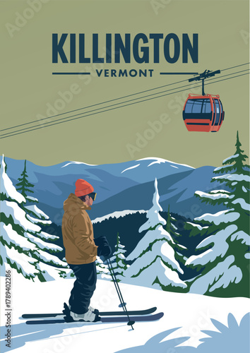 Killington Ski Travel resort poster . Vermont USA winter landscape travel design