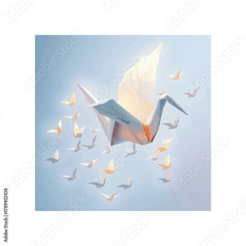A beautiful paper crane takes flight amidst a flock of delicate birds