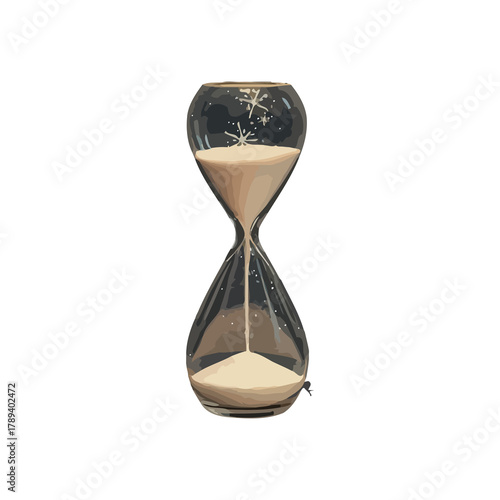 An hourglass with flowing beige sand against a stark black background