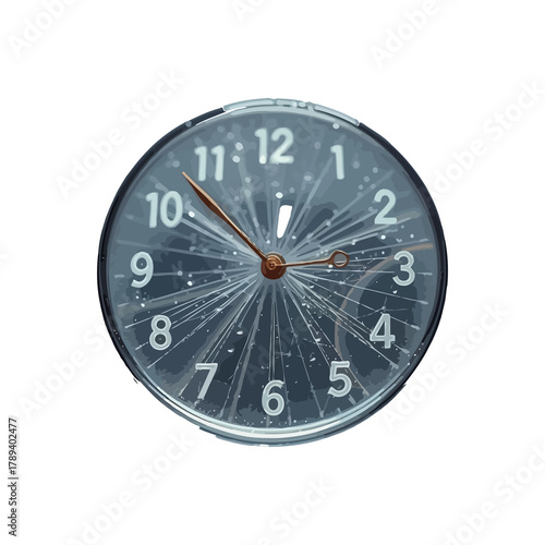 A shattered clock face with hands pointing to almost eleven o clock