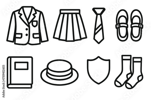 School Uniform Icons. School Uniform Set linear icon set: blazer, skirt, tie, shoes, book, hat, badge, socks.