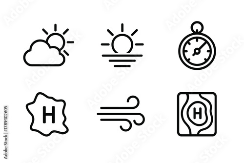 Weather Icons Collection. High Pressure System linear icon set: clear sky, rising sun, stable air, pressure gauge, map icon, wind lines.
