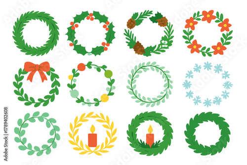Vibrant Wreath Collection. Wreath Designs flat icons: evergreen wreath, holly berry wreath, pinecone wreath, floral wreath, ribbon bow wreath, ornament wreath, frosted wreath,