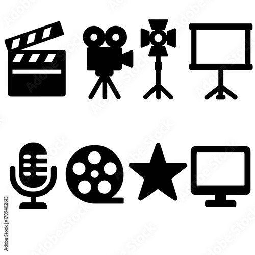 Bold TV Icons. TV Show silhouette icon set: clapperboard, camera, light stand, screen, microphone, film reel, star, monitor.