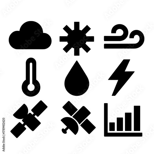 Bold Meteorology Icons. Meteorology silhouette icon set: cloud, sun, raindrop, wind, thermometer, lightning bolt, satellite, chart.