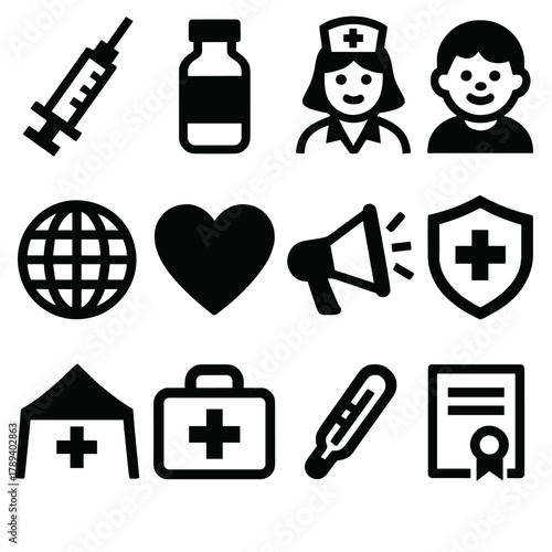 Immunization Icon Set. Immunization Campaign silhouette icon set: injection, vaccine bottle, nurse, child, globe, heart, megaphone, shield, healthcare tent, medical kit,