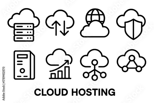 Cloud Infrastructure Icons. Cloud Hosting linear icon set: cloud infrastructure, data rack, server tower, upload/download icons, network globe, protection shield, analytics chart,