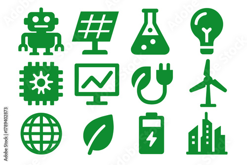 Brutalist Eco Icons. Green Innovation silhouette icon set: robot, solar panel, lab flask, light bulb, energy chip, data screen, electric cable, wind tower, globe, eco leaf, battery