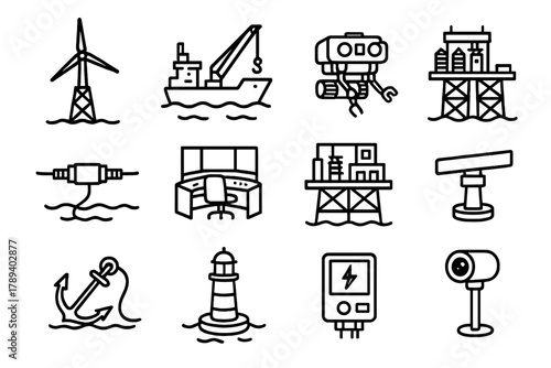 Offshore Energy Icons. Offshore Infrastructure linear icon set: wind turbine foundation, crane vessel, underwater robot, sea cable connector, control room, transformer station,