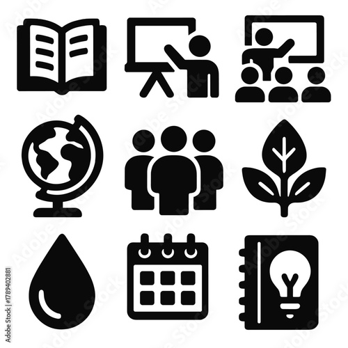Bold Educational Icons. Educational Nature silhouette icon set: open book, chalkboard, teacher icon, classroom, globe, student group, leaf, plant, water droplet, calendar, notebook