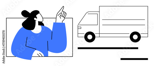 Woman in blue sweater pointing at a delivery truck, emphasizing logistics, transportation, and shipping. Ideal for delivery service, e-commerce, logistics, courier, business communication simple