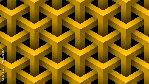 Seamless 3D Golden Penrose Cubic Triangle Pattern – Geometric Optical Illusion Interlocking Tessellation Background Wallpaper