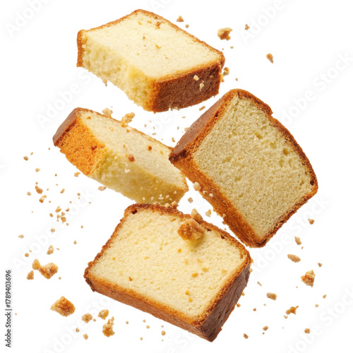 Delicious falling slices of baked pound cake dessert. sweet food treat with crumbs, isolated on plain background for creative projects