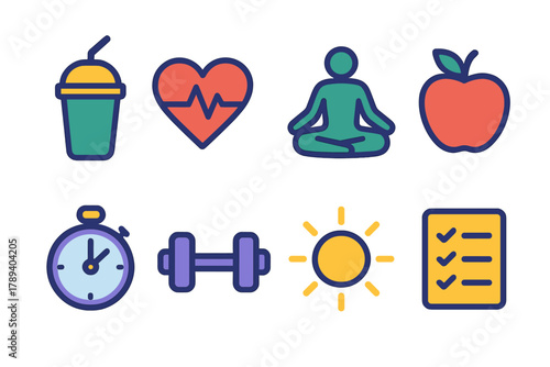 Healthy Lifestyle Icons. Healthy Habits Symbols flat icons: smoothie cup, heart pulse, yoga pose, apple, stopwatch, dumbbell, sun, checklist