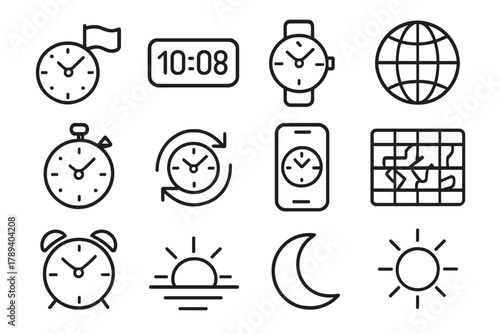 International Time Icons. Time Zone Clocks linear icon set: wall clocks with flags, digital timer, analog watch, rotating globe, stopwatch, time converter, mobile phone clock, map