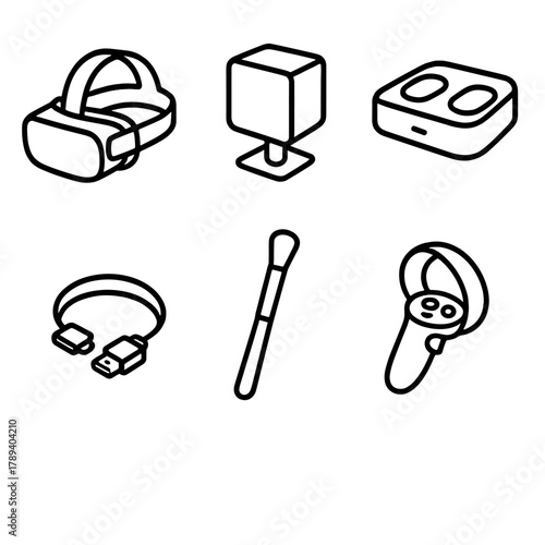 VR Accessories Icons. VR Accessories linear icon set: head strap, base station stand, charging dock, cable adapter, lens cleaner, controller grip.