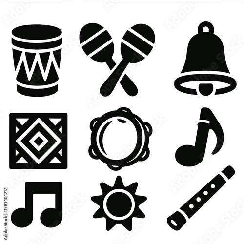 Bold Musical Icons. Cultural Rhythm silhouette icon set: drum, maracas, tambourine, bell, flute, tribal pattern, note, sun.