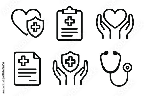 Health Protection Icons. Health insurance linear icon set: heart with shield, clipboard, medical cross, hands protecting, document, stethoscope.