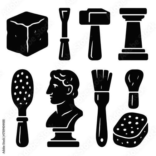 Brutalist Sculpture Icons. Artistic Sculpture Collection silhouette icon set: clay block, chisel, hammer, stand, carving tool, sponge, bust, brush.