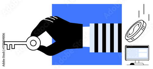 Hand holding key beside coins and computer screen, symbolizing access, security, and digital control. Ideal for cybersecurity, privacy, financial technology, unlocking potential, software access