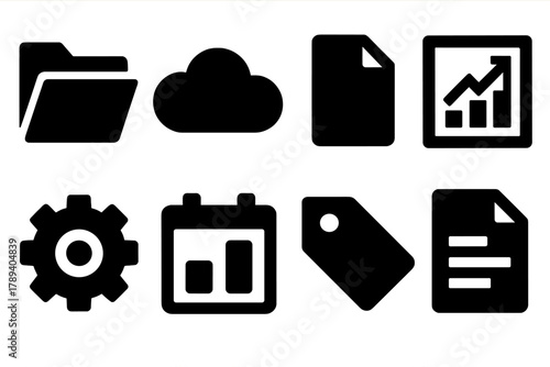 Brutalist Icon Set. Digital Organization Set silhouette icon set: folder, cloud, file, chart, gear, calendar, tag, document.