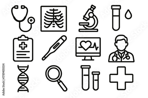 Medical Icons Collection. Medical Diagnosis linear icon set: stethoscope, x-ray, microscope, blood test, clipboard, thermometer, heart monitor, doctor, DNA helix, magnifying glass,