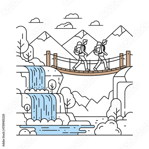 Two hikers with backpacks crossing a suspension bridge over a waterfall in a mountainous landscape, line art illustration.
